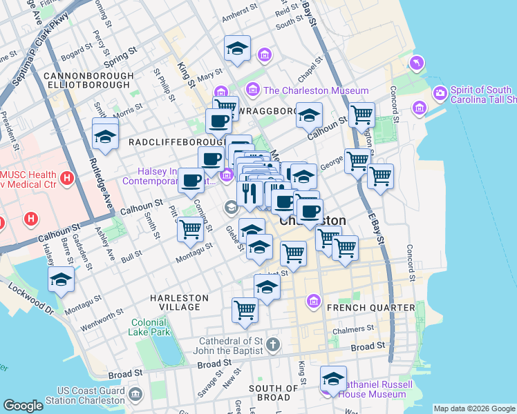 map of restaurants, bars, coffee shops, grocery stores, and more near 318 King Street in Charleston