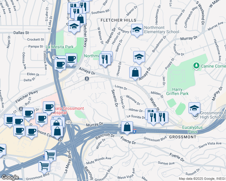 map of restaurants, bars, coffee shops, grocery stores, and more near 5810 Severin Drive in La Mesa