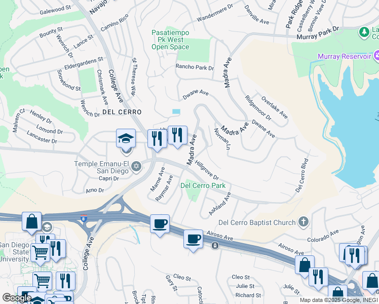 map of restaurants, bars, coffee shops, grocery stores, and more near 5771 Madra Avenue in San Diego