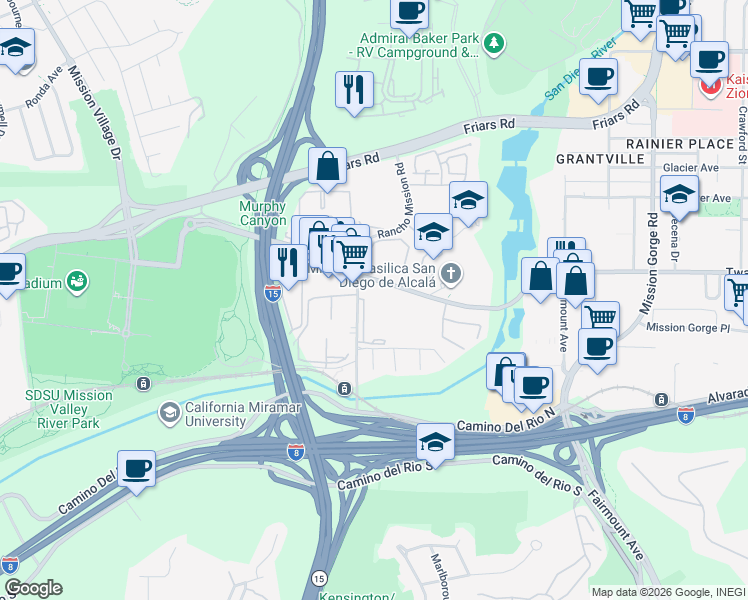 map of restaurants, bars, coffee shops, grocery stores, and more near 6049 Rancho Mission Road in San Diego