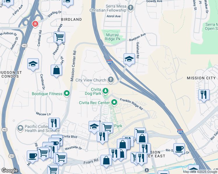 map of restaurants, bars, coffee shops, grocery stores, and more near 8404 Phyllis Place in San Diego