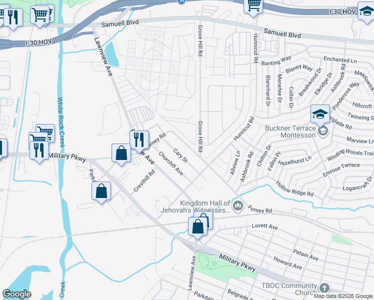 map of restaurants, bars, coffee shops, grocery stores, and more near 5651 Cary Street in Dallas