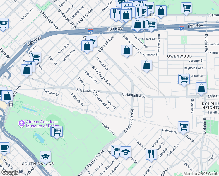 map of restaurants, bars, coffee shops, grocery stores, and more near 1443 South Fitzhugh Avenue in Dallas