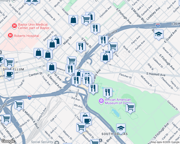 map of restaurants, bars, coffee shops, grocery stores, and more near 4130 Commerce Street in Dallas