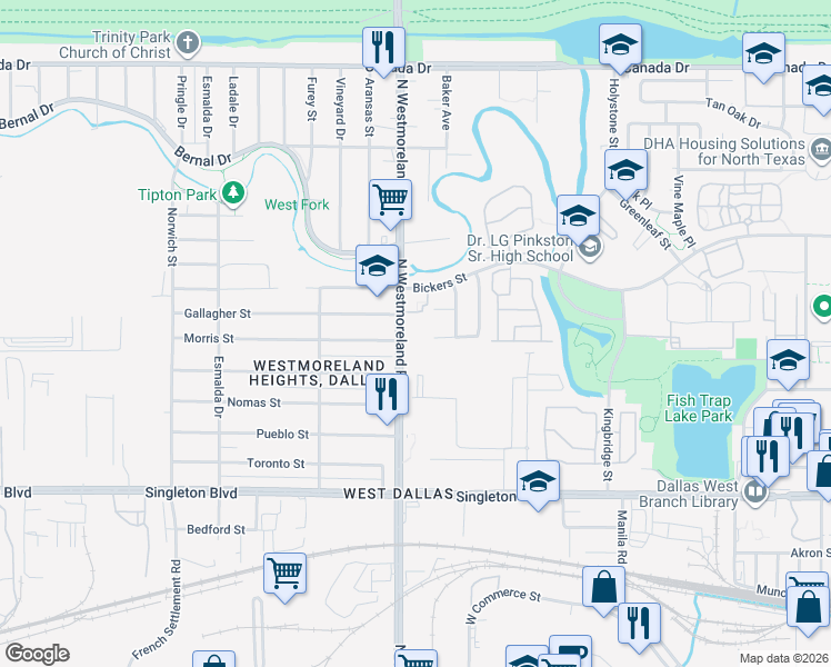 map of restaurants, bars, coffee shops, grocery stores, and more near 3149 Melissa River Way in Dallas