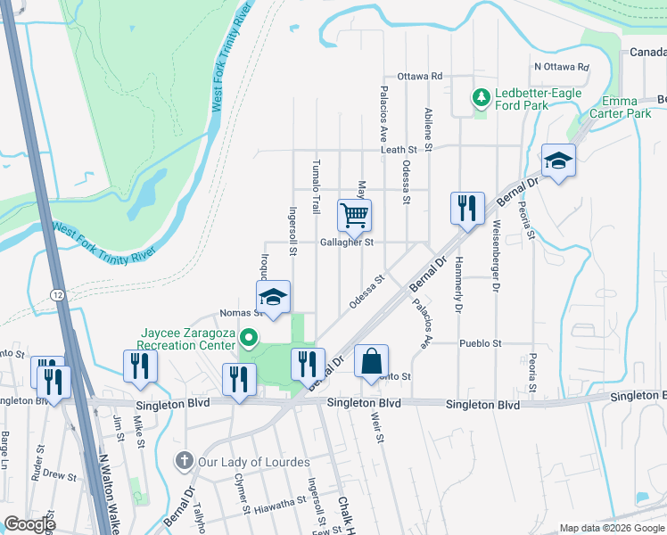 map of restaurants, bars, coffee shops, grocery stores, and more near 3410 Harlingen Street in Dallas