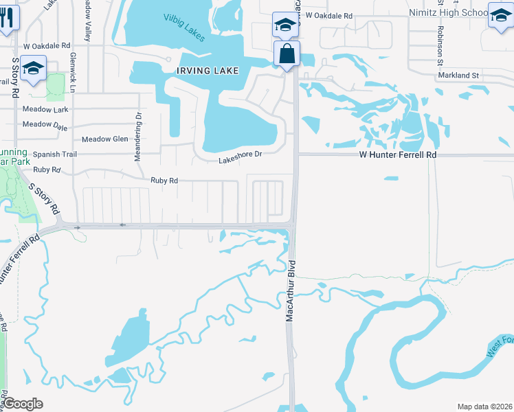 map of restaurants, bars, coffee shops, grocery stores, and more near 2805 Bridge Lake Drive in Irving