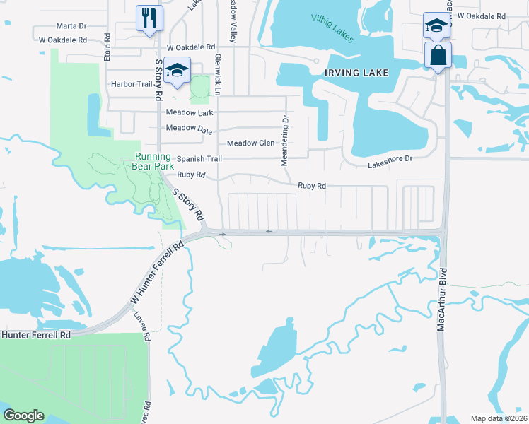 map of restaurants, bars, coffee shops, grocery stores, and more near 2728 Chaparral Street in Irving