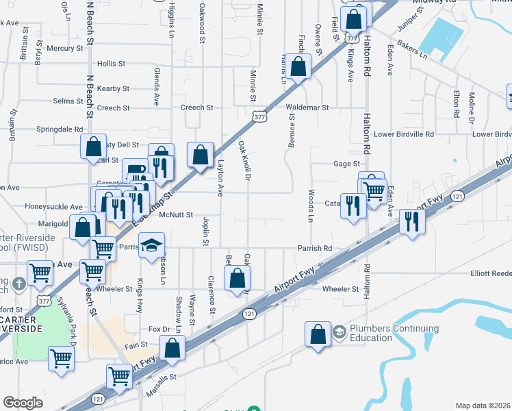 map of restaurants, bars, coffee shops, grocery stores, and more near 4712 Bernice Street in Haltom City