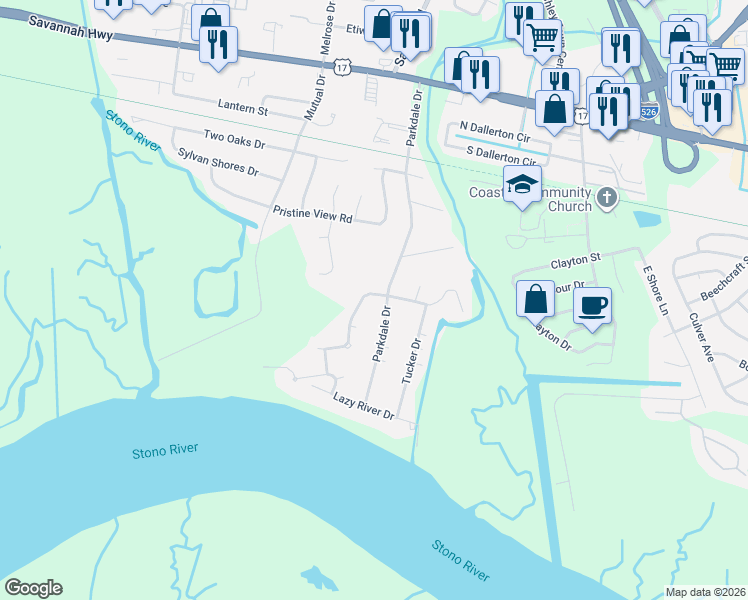 map of restaurants, bars, coffee shops, grocery stores, and more near 2320 Park Stone Drive in Charleston