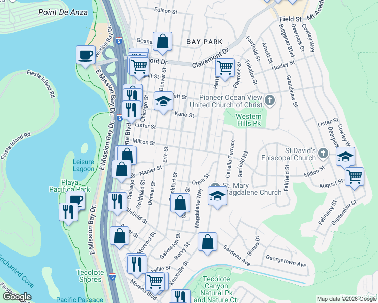 map of restaurants, bars, coffee shops, grocery stores, and more near 4575 Milton Street in San Diego