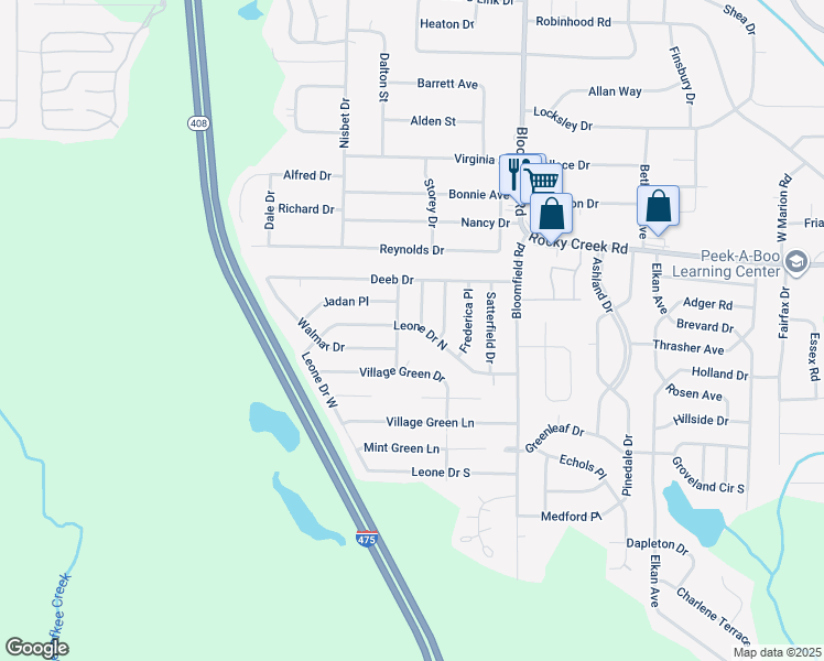 map of restaurants, bars, coffee shops, grocery stores, and more near 2752 Leone Drive North in Macon