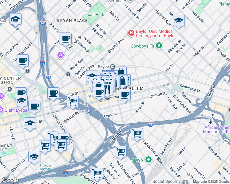 map of restaurants, bars, coffee shops, grocery stores, and more near 101 South Malcolm X Boulevard in Dallas