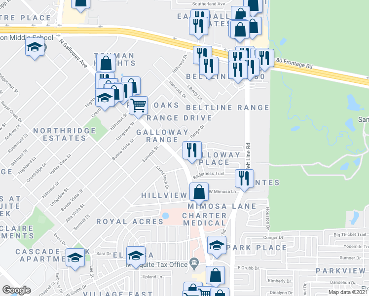 map of restaurants, bars, coffee shops, grocery stores, and more near 1445 Natchez Trce in Mesquite