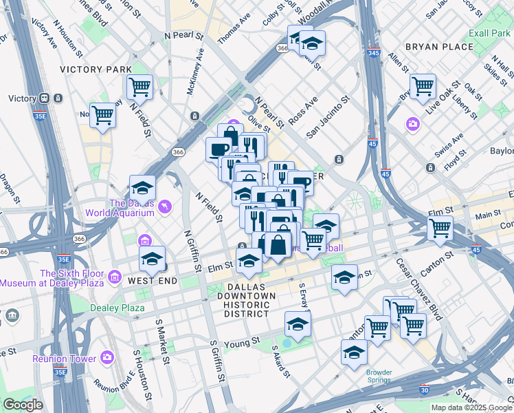map of restaurants, bars, coffee shops, grocery stores, and more near 1610 Patterson Street in Dallas