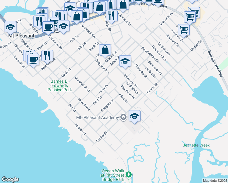 map of restaurants, bars, coffee shops, grocery stores, and more near 1444 Allen Street in Mount Pleasant