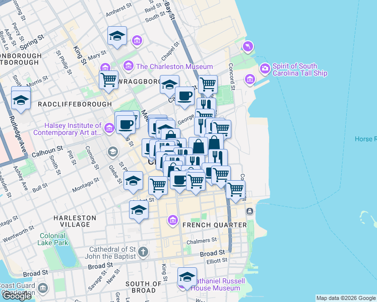 map of restaurants, bars, coffee shops, grocery stores, and more near 30 Wentworth Street in Charleston