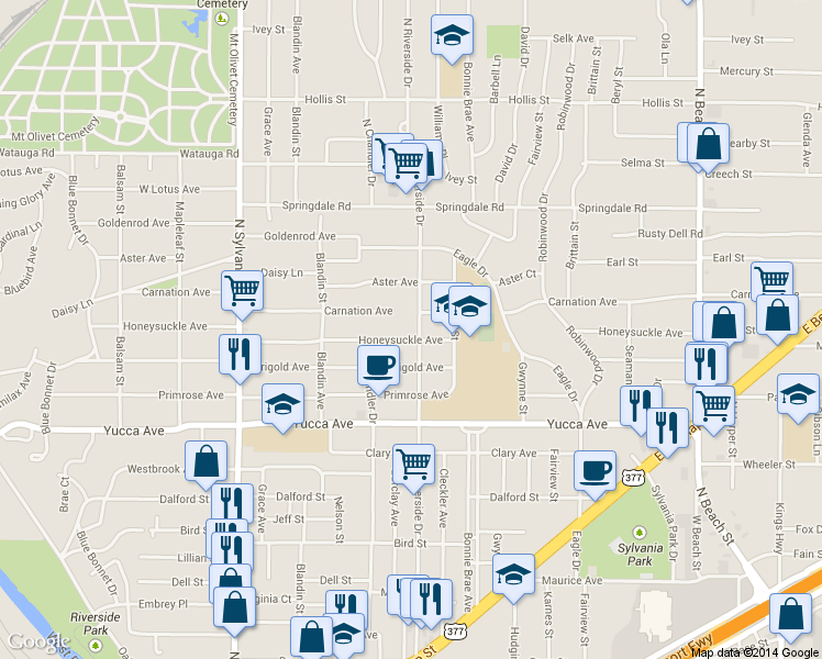 map of restaurants, bars, coffee shops, grocery stores, and more near 1605 N Riverside Dr in Fort Worth