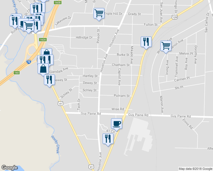 map of restaurants, bars, coffee shops, grocery stores, and more near 1078 Thomas Street in Macon