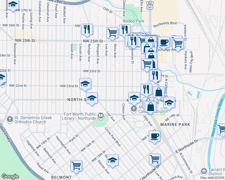 map of restaurants, bars, coffee shops, grocery stores, and more near 2117 Ross Avenue in Fort Worth