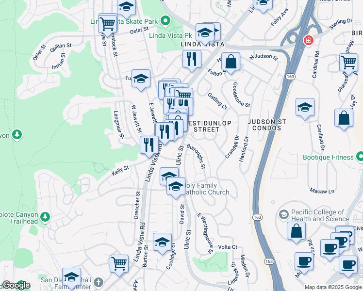 map of restaurants, bars, coffee shops, grocery stores, and more near Ulric Street in San Diego