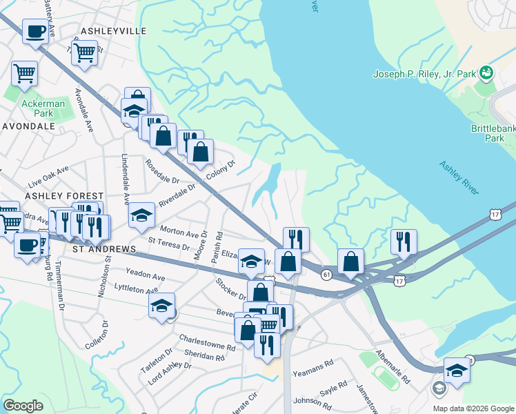 map of restaurants, bars, coffee shops, grocery stores, and more near 729 North Godfrey Park Place in Charleston