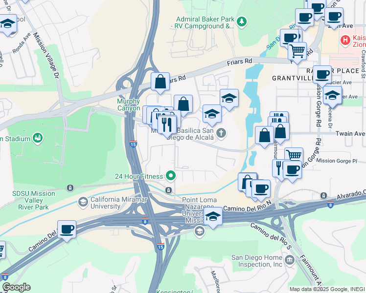 map of restaurants, bars, coffee shops, grocery stores, and more near 6069 Rancho Mission Road in San Diego