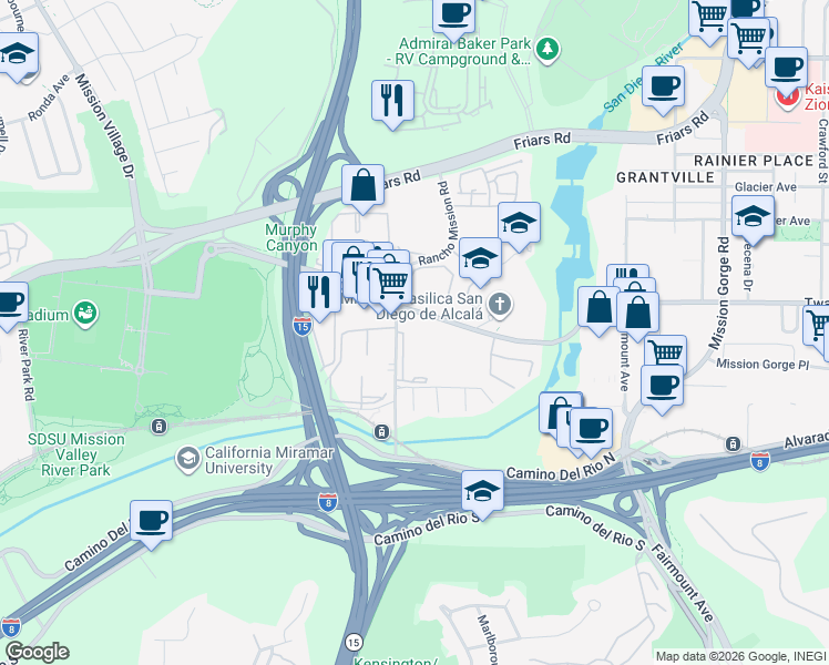 map of restaurants, bars, coffee shops, grocery stores, and more near 6049 Rancho Mission Road in San Diego