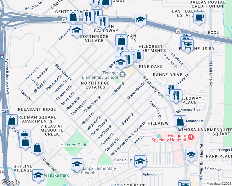 map of restaurants, bars, coffee shops, grocery stores, and more near 1628 Hillcrest Street in Mesquite
