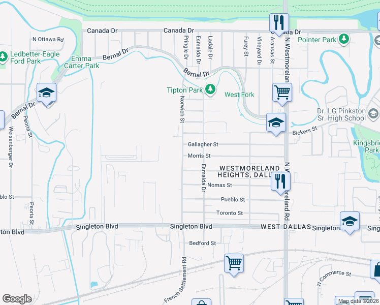 map of restaurants, bars, coffee shops, grocery stores, and more near 3727 Morris Street in Dallas