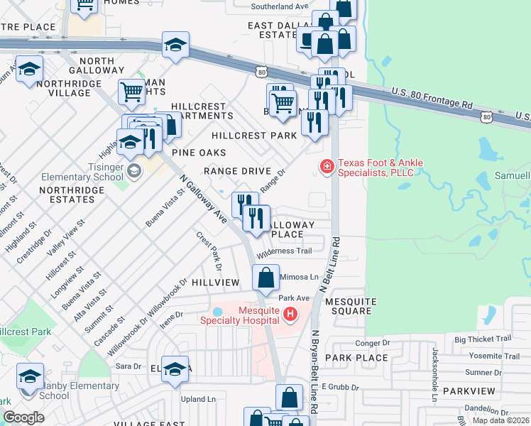 map of restaurants, bars, coffee shops, grocery stores, and more near 313 Overland Trail in Mesquite