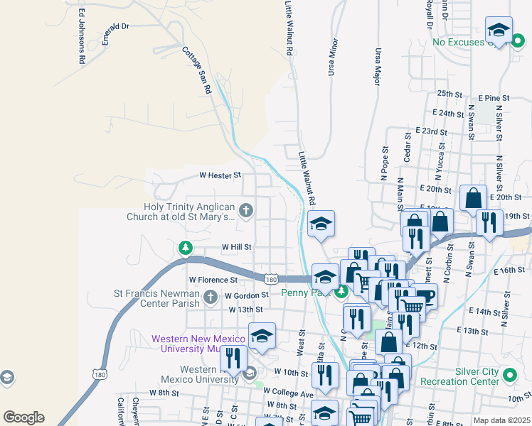 map of restaurants, bars, coffee shops, grocery stores, and more near 1803 North Georgia Street in Silver City