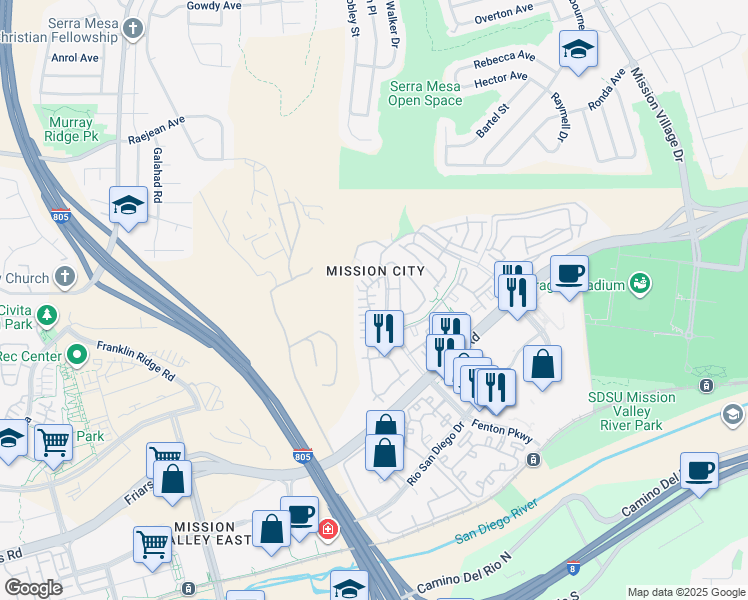 map of restaurants, bars, coffee shops, grocery stores, and more near 2796 Villas Way in San Diego