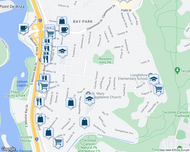 map of restaurants, bars, coffee shops, grocery stores, and more near 2212 Cecelia Terrace in San Diego