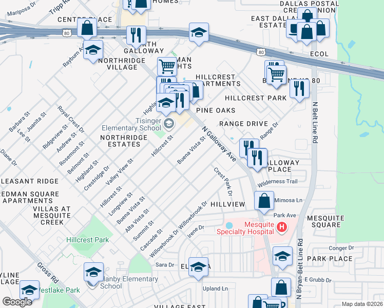 map of restaurants, bars, coffee shops, grocery stores, and more near 1734 Buena Vista Street in Mesquite