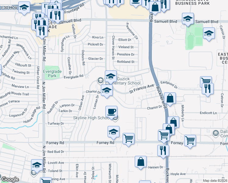 map of restaurants, bars, coffee shops, grocery stores, and more near 4567 Saint Francis Avenue in Dallas