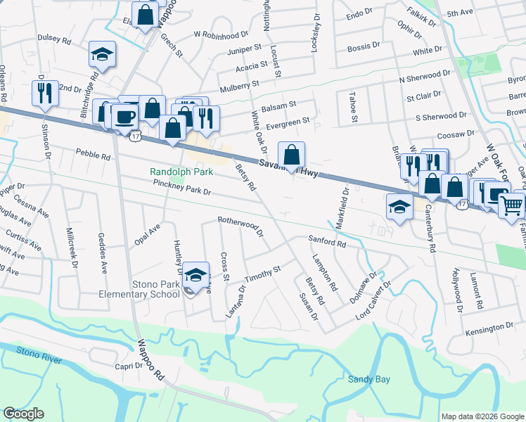 map of restaurants, bars, coffee shops, grocery stores, and more near 507 Betsy Rd in Charleston