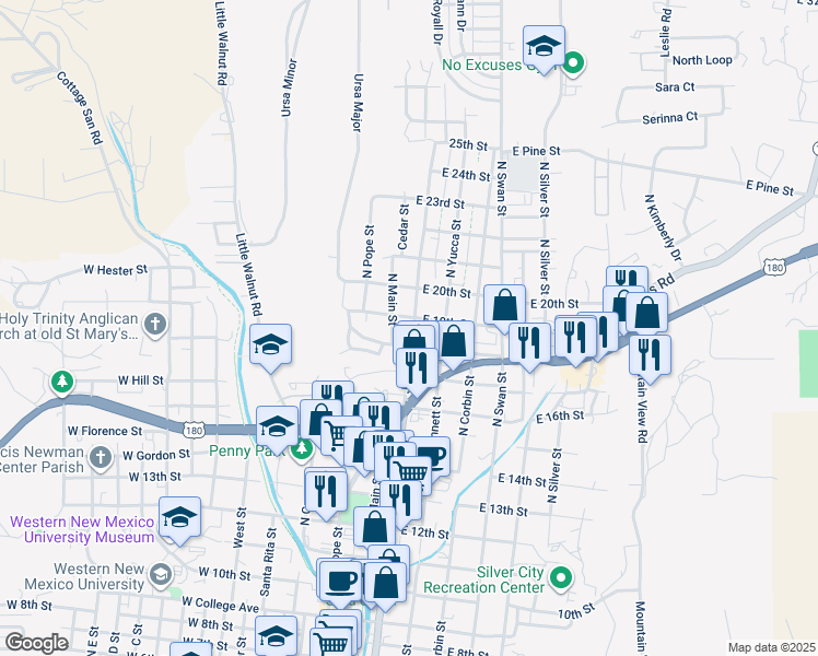 map of restaurants, bars, coffee shops, grocery stores, and more near 1815 North Juniper Avenue in Silver City