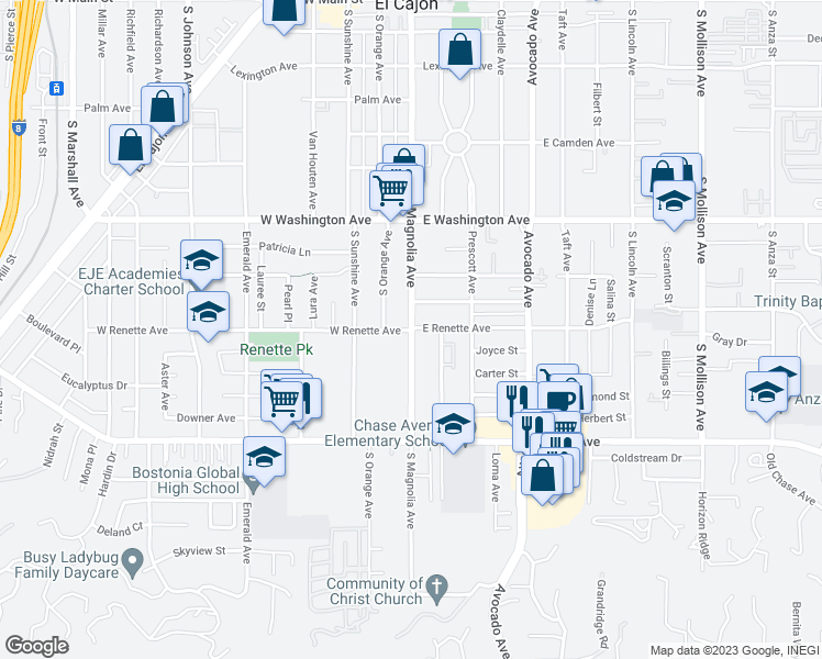 map of restaurants, bars, coffee shops, grocery stores, and more near S Magnolia Ave & E Renette Ave in El Cajon