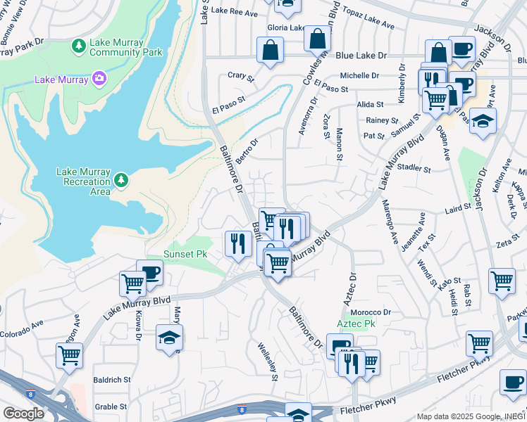 map of restaurants, bars, coffee shops, grocery stores, and more near 5715 Baltimore Drive in La Mesa