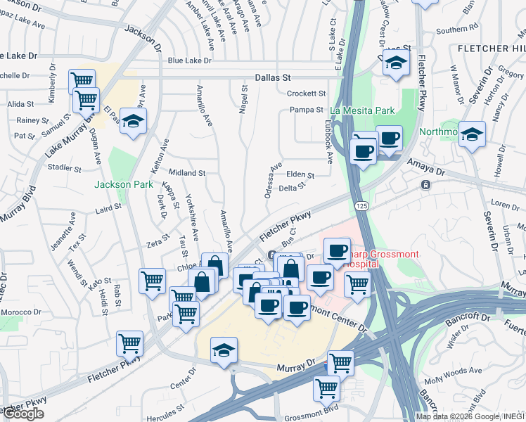 map of restaurants, bars, coffee shops, grocery stores, and more near 5770 Odessa Avenue in La Mesa