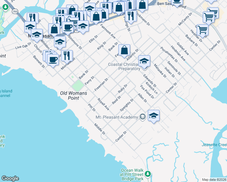 map of restaurants, bars, coffee shops, grocery stores, and more near 512 Ruby Drive in Mount Pleasant