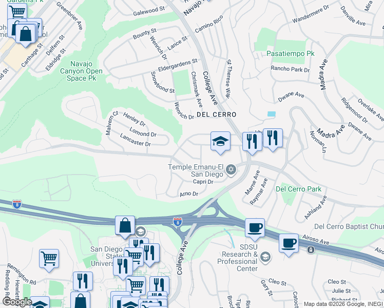 map of restaurants, bars, coffee shops, grocery stores, and more near 6142 Romany Drive in San Diego