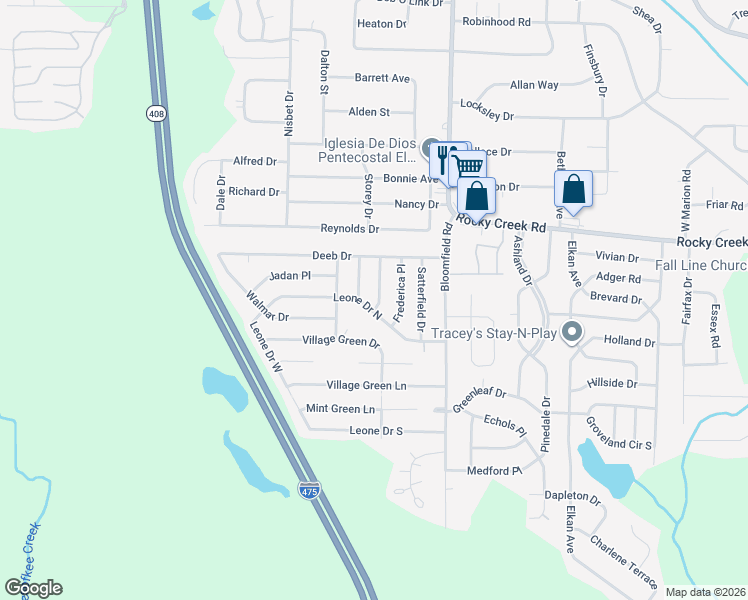 map of restaurants, bars, coffee shops, grocery stores, and more near 5760 Deborah Drive in Macon