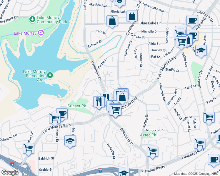 map of restaurants, bars, coffee shops, grocery stores, and more near in La Mesa