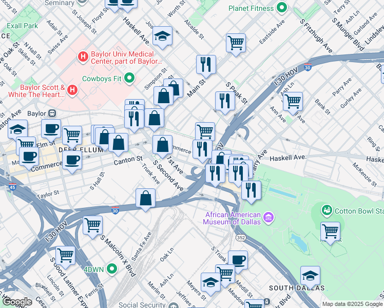 map of restaurants, bars, coffee shops, grocery stores, and more near 3903 Commerce Street in Dallas