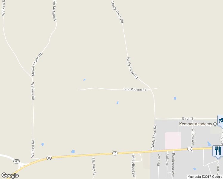 map of restaurants, bars, coffee shops, grocery stores, and more near Otho Roberts Road in Kemper County