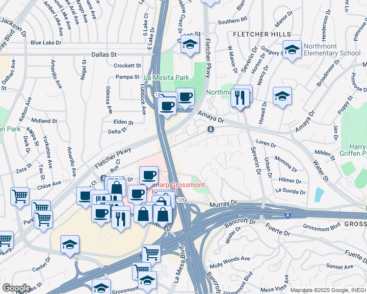 map of restaurants, bars, coffee shops, grocery stores, and more near 9000 Campina Drive in La Mesa