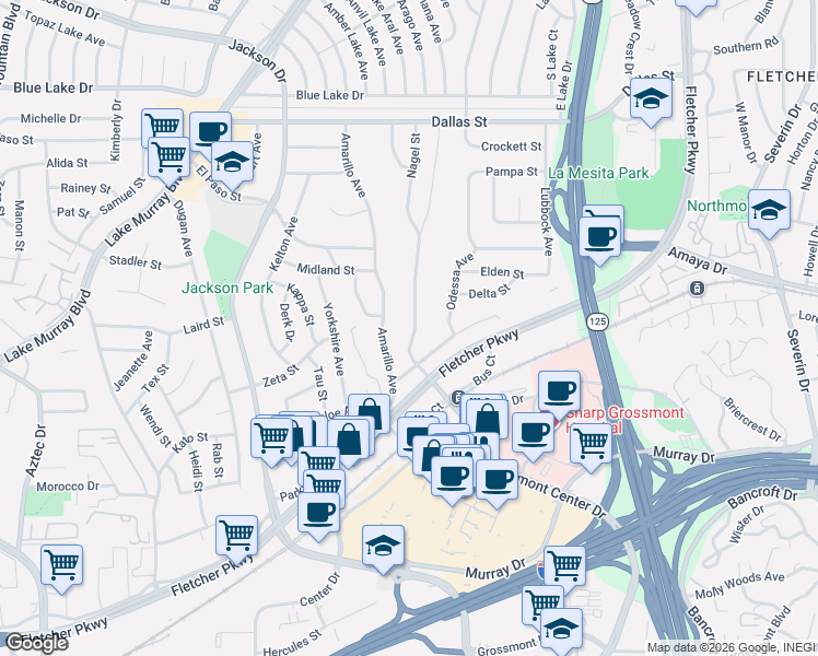 map of restaurants, bars, coffee shops, grocery stores, and more near 5775 Amarillo Avenue in La Mesa