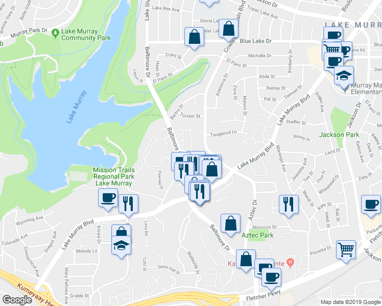 map of restaurants, bars, coffee shops, grocery stores, and more near 10 Baltimore Drive in La Mesa